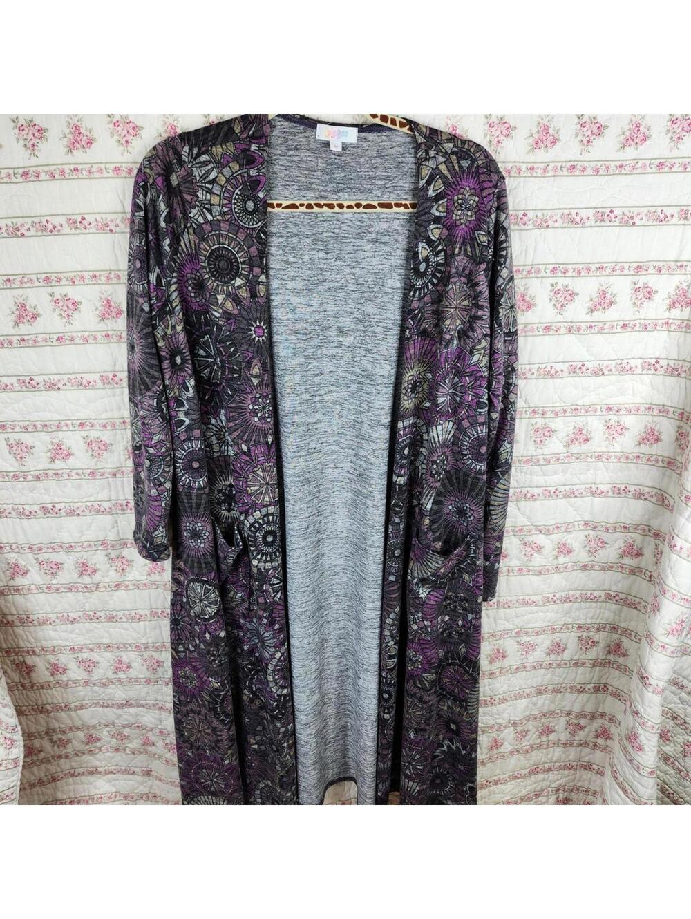 LuLaRoe Sarah Duster Cardigan Medium Purple Floral Geometric Long Open Front 44”